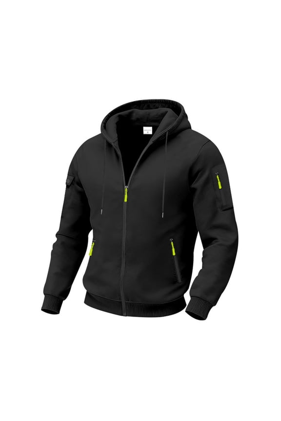 Men's Outdoor Cargo Full Zip Hoodie Jackets Drawstring Zipper Pockets Fleeced Casual Sweatshirt Black M