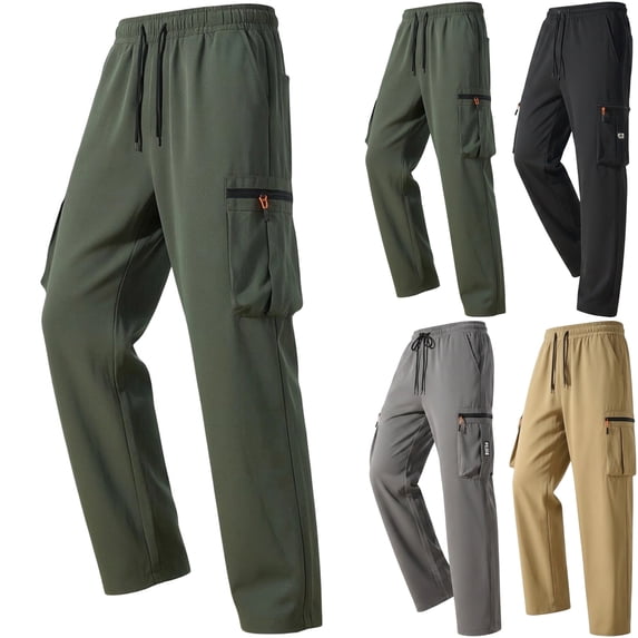 Men's Outdoor Cargo Pants Lightweight Quick Dry Utility Pants Loose Fit Straight Leg Elastic Waist with Zipper Pockets for Work Hiking, Army Green, XXL
