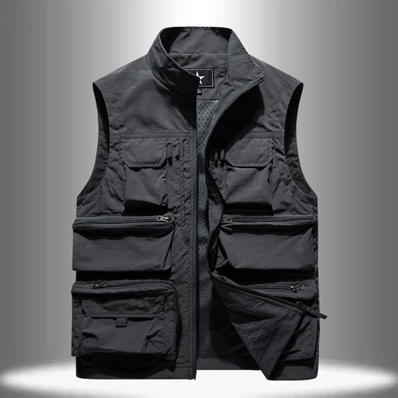 Men's Outdoor Cargo Vests Lightweight Multi Pockets Waistcoat Solid Color Casual Sleeveless Jacket Fishing Coat Gray XXL