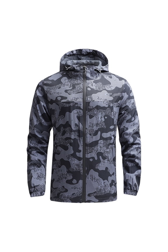 Men's Outdoor Casual Hooded Printed Jacket with Zipper - Quick-drying Thin Windproof & Waterproof Sports Windbreaker, Gray, Size XXXL