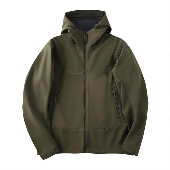 Men's Outdoor Casual Hooded Sports Waterproof Fleece-Lined Windproof Tactical Jacket, Army Green, Size L