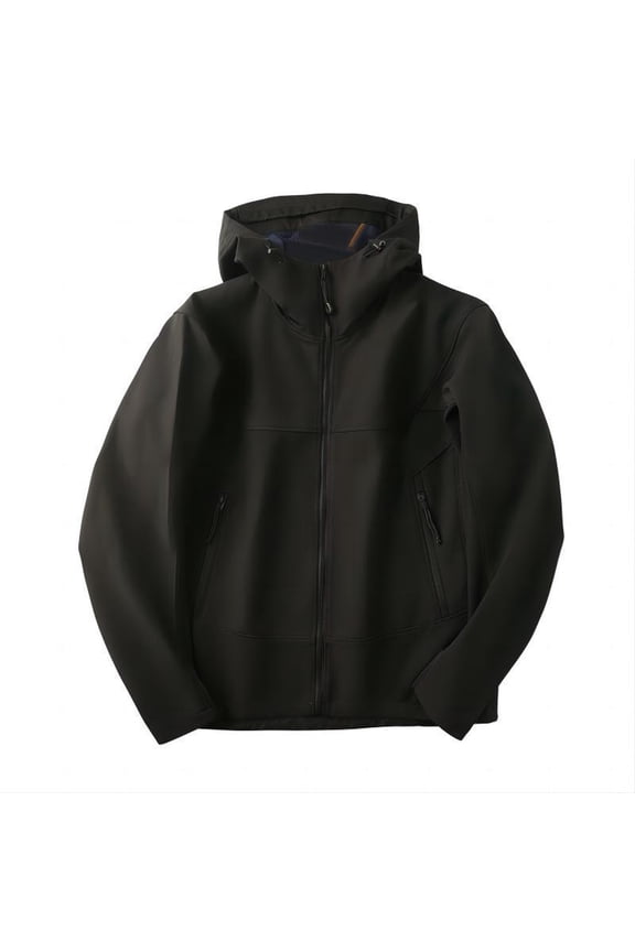 Men's Outdoor Casual Hooded Sports Waterproof Fleece-Lined Windproof Tactical Jacket, Black, Size M