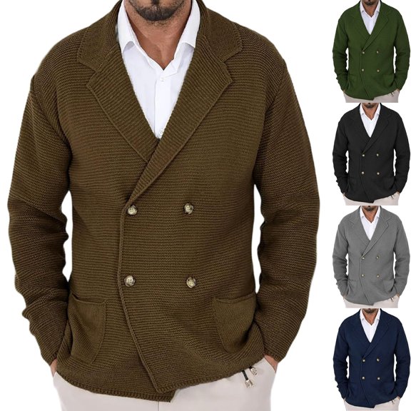 Men's Outdoor Casual Loose-fitting Plain Knit Jacket Green Collar Double-breasted Buttons Sweater for Autumn Winter Holidays and Outdoor Activities,Gray,M