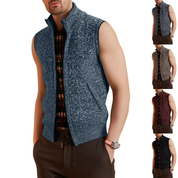 Men's Outdoor Casual Loose-fitting Solid Color Cardigan Zipper Vest Stand-up Collar Knit Jacket for Autumn Winter Outdoor Activities Gift,Black,M