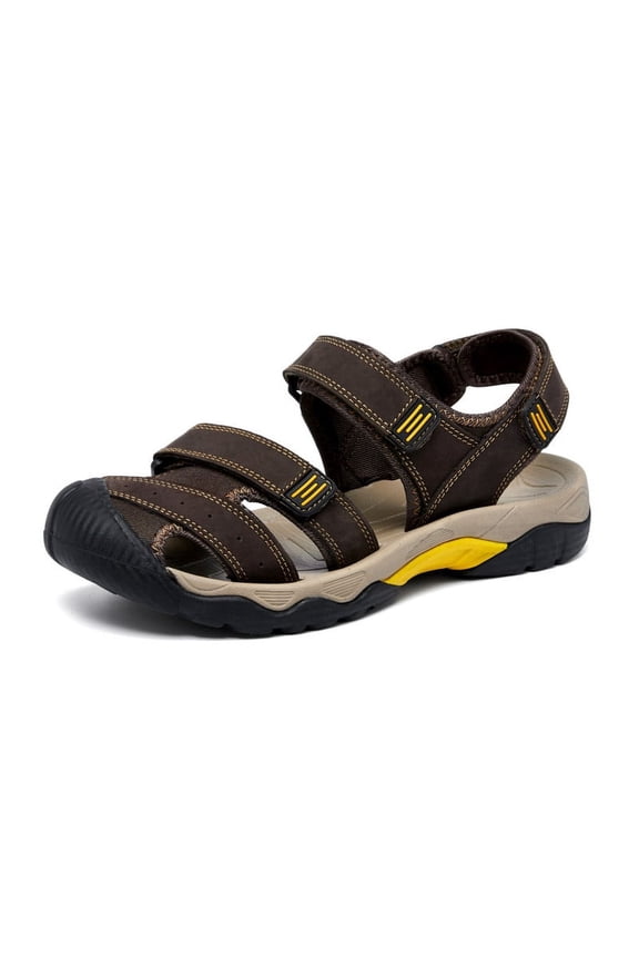 Men's Outdoor Closed-Toe Sport Sandals, Adjustable Brown Leather Hiking Sandals