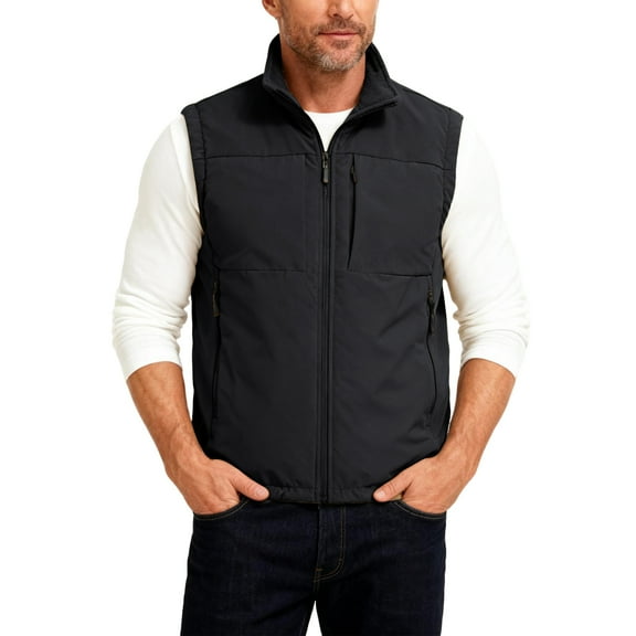 Men's Outdoor Double-Sided Wearable Fleece Lined Cargo Vest Winter Warm Sleeveless Workwear Jacket for Fishing Black Size M