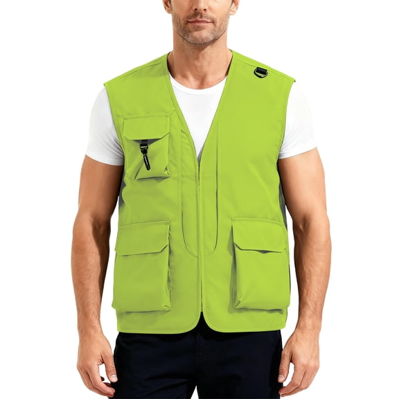 Men's Outdoor Fishing Utility Vest Lightweight Sleeveless Cargo Jacket Multi-Pocket Waistcoat for Hiking Hunting Fluorescent Green Size M