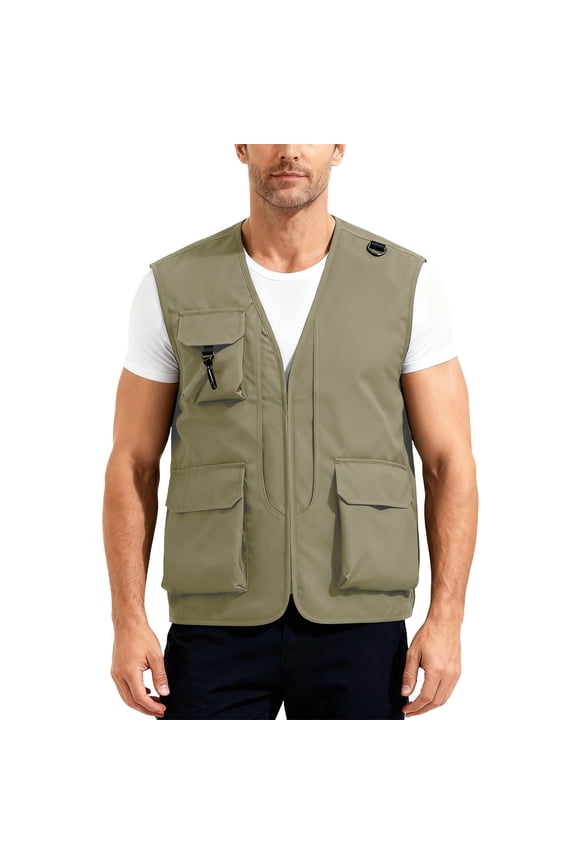 Men's Outdoor Fishing Utility Vest Lightweight Sleeveless Cargo Jacket Multi-Pocket Waistcoat for Hiking Hunting Khaki Size M