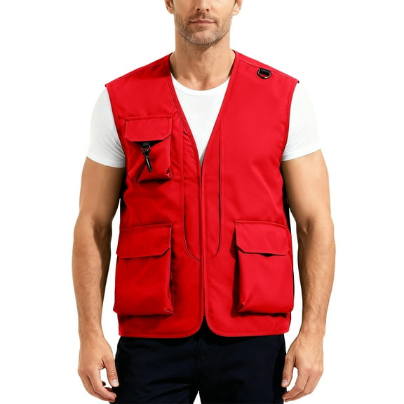 Men's Outdoor Fishing Utility Vest Lightweight Sleeveless Cargo Jacket Multi-Pocket Waistcoat for Hiking Hunting Red Size XL