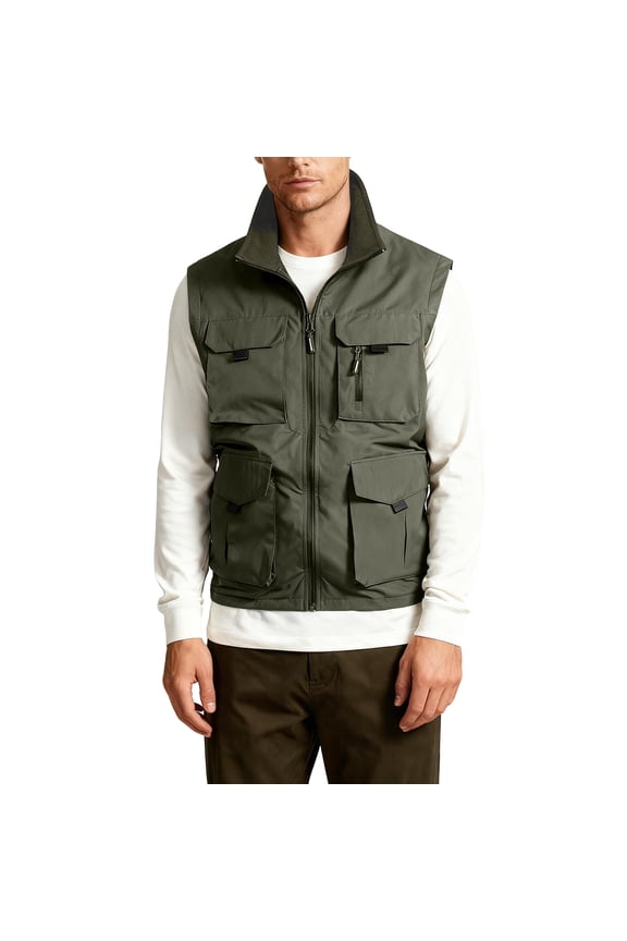 Men's Outdoor Fleece Lined Cargo Vest Zip Up Stand Collar Sleeveless Jacket with Pockets for Fishing Work Travel Photo Army Green Size L