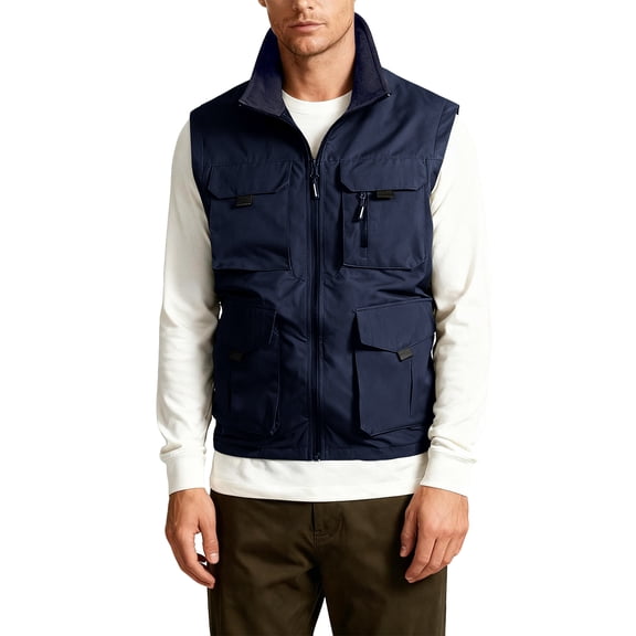 Men's Outdoor Fleece Lined Cargo Vest Zip Up Stand Collar Sleeveless Jacket with Pockets for Fishing Work Travel Photo Dark Blue Size M