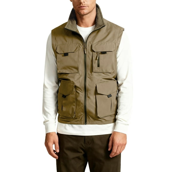 Men's Outdoor Fleece Lined Cargo Vest Zip Up Stand Collar Sleeveless Jacket with Pockets for Fishing Work Travel Photo Khaki Size M