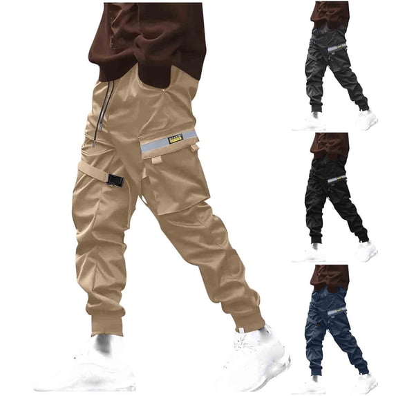 Men's Outdoor Functional Cargo Pants, Straight Leg Multi-Pocket Work Trousers, Elastic Waist Drawstring Lightweight Breathable for Hiking Camping Travel, Casual Utility | AKLJWH,Black L