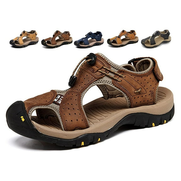 Men's Outdoor Hiking Leather Sandals Water Shoes Slides Closed Toe Sport Walking Fishermen Climbing Summer Athletic 11.5-12, Brown