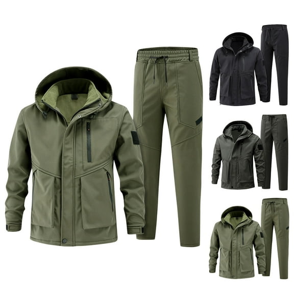 Men's Outdoor Jacket Suit Plus Velvet Cold Proof Windproof Warm Cycling Mountaineering Set, for Winter Sports and Harsh Weather Conditions,Army Green,L