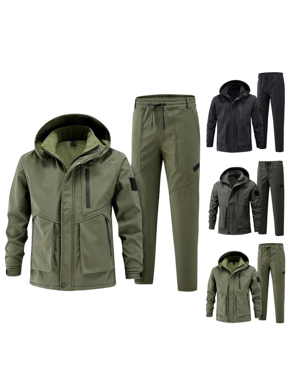 Men's Outdoor Jacket Suit Plus Velvet Cold Proof Windproof Warm Cycling Mountaineering Set, for Winter Sports and Harsh Weather Conditions,Black,M