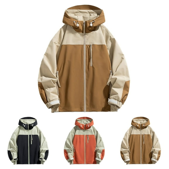 Men's Outdoor Jackets Color Matching Waterproof Long Sleeved Workwear Coat With Pockets Casual Sportwear Hooded Coat