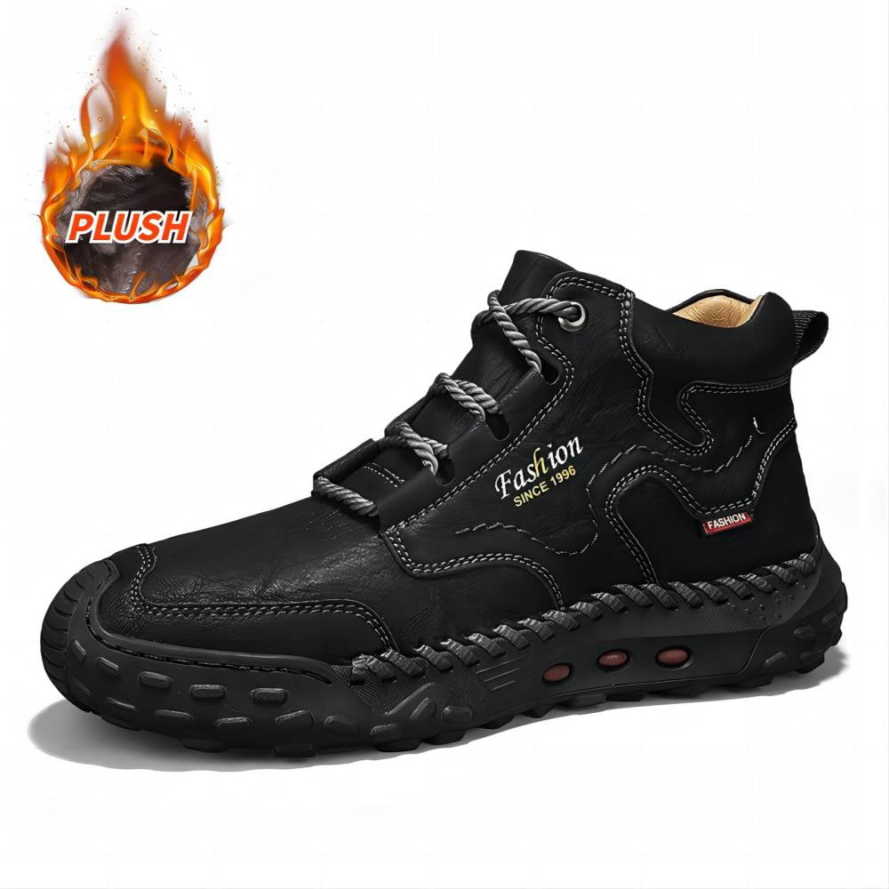 Men's Outdoor Leather Boots Casual Warmth For Hiking Lightweight Comfort Thicken Lace-up Mid-Top Ankle Shoes Black 10.5 US