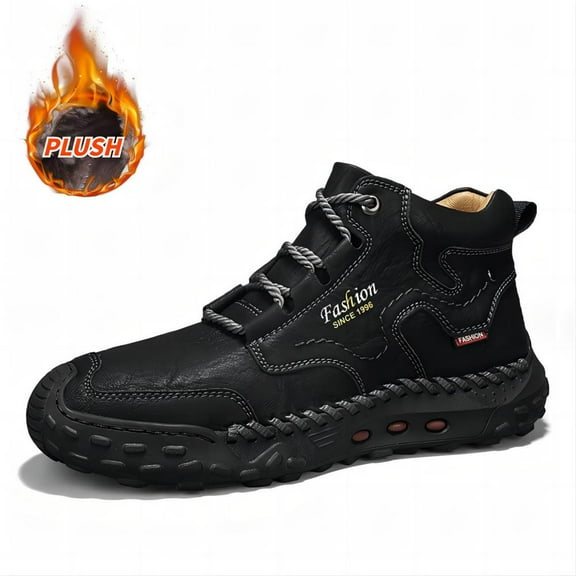Men's Outdoor Leather Boots Casual Warmth For Hiking Lightweight Comfort Thicken Lace-up Mid-Top Ankle Shoes Black 7 US