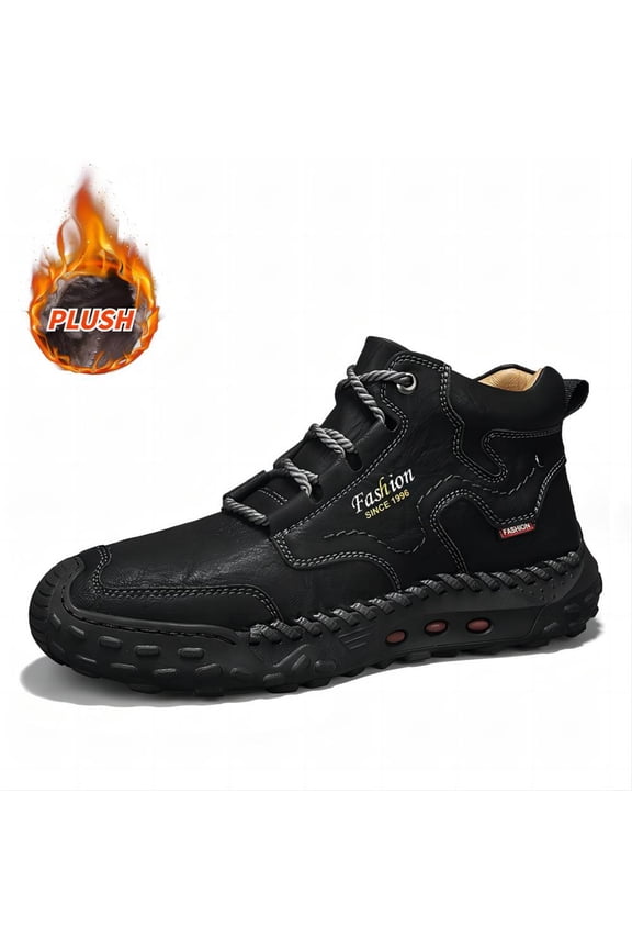 Men's Outdoor Leather Boots Casual Warmth For Hiking Lightweight Comfort Thicken Lace-up Mid-Top Ankle Shoes Black 7 US