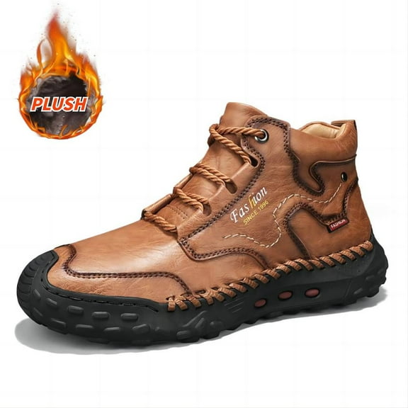 Men's Outdoor Leather Boots Casual Warmth For Hiking Lightweight Comfort Thicken Lace-up Mid-Top Ankle Shoes Yellow 10.5 US