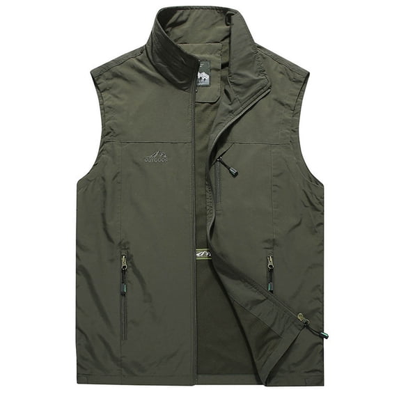 Men's Outdoor Lightweight Stand Collar Multi-Pocket Quick Dry Breathable Mesh Vest Travel Waistcoat Fishing Hiking Vest Army Green XXXXL
