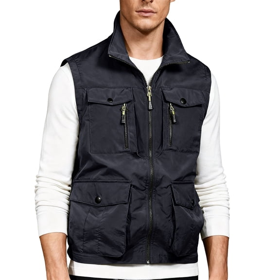 Men's Outdoor Multi-Pocket Cargo Vest Lightweight Sleeveless Jacket for Fishing Travel Photographer Work with Pockets Black Size M
