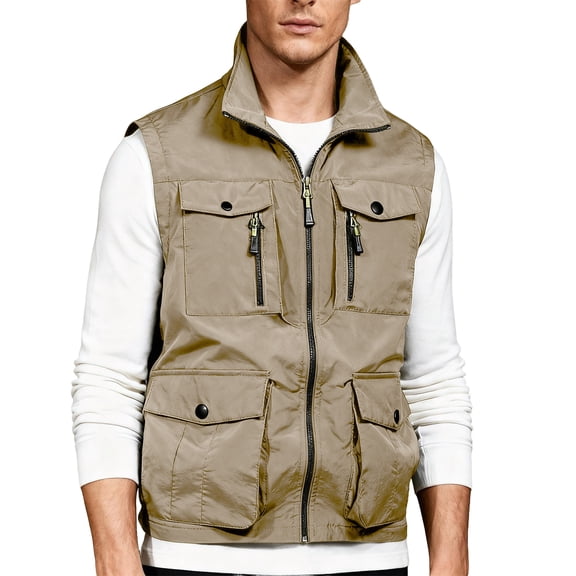 Men's Outdoor Multi-Pocket Cargo Vest Lightweight Sleeveless Jacket for Fishing Travel Photographer Work with Pockets Khaki Size L