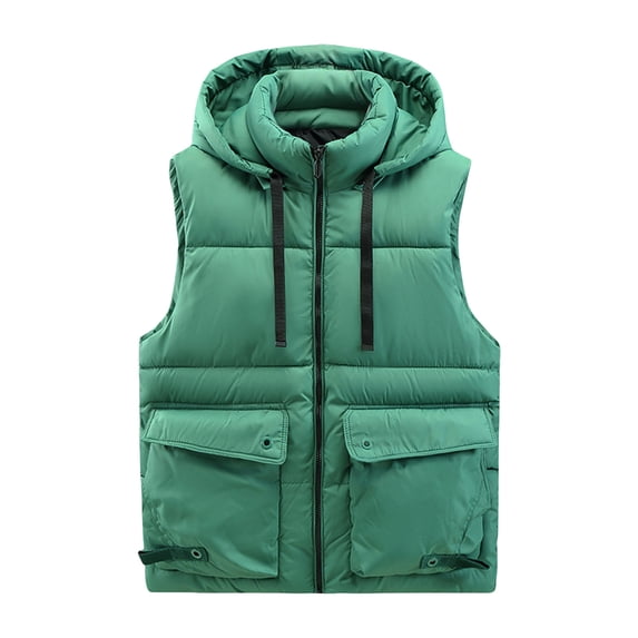 Men's Outdoor Puffer Vest Stand Collar Sleeveless Jackets Winter Warm Cargo Vest with Detachable Hooded Green L