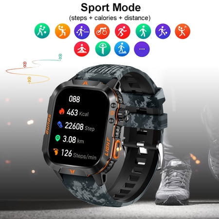 Men's Outdoor Smartwatch: 2.01" Display, Flashlight, Sports Tracker, Wireless Calling, Voice Assistant, Notifications for Android/iPhone