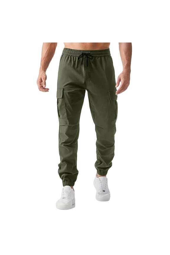 Men's Outdoor Sports Loose Leisure Multiple Pockets Work Pants Trousers with Cuffed Ankles for Hiking, Casual Wear and Utility Work,Army Green,S