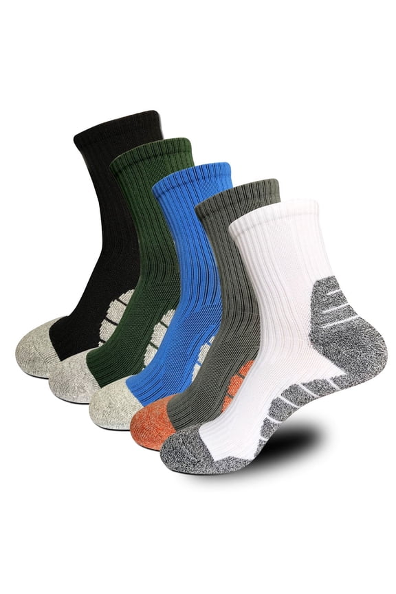 Men's Outdoor Sports Socks, 5-Pack Cushioned Athletic Performance Crew Socks with Arch Support and Breathable Mesh, Multi-Color Training Socks, Size 6-10