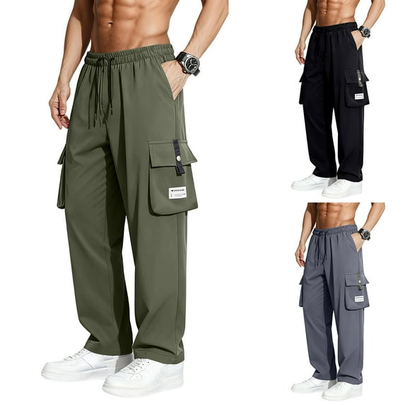 Men's Outdoor Sports Straight Leg Workwear Trousers, Fashion Solid Color Cargo Pants for Hiking and Construction Work,Army Green,L