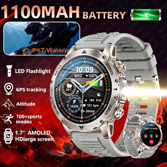 Men's Outdoor Sports Watch • 1100mAh Large Capacity Battery • Super Long Battery Life • Wireless Calling • LED Flashlight • 1.7-Inch Circular HD Screen • 100+ Sports Modes • Sports Watch • Ideal Gift