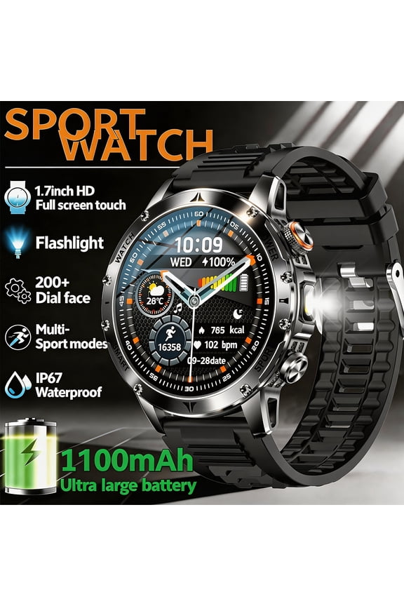 Men's Outdoor Sports Watch • 1100mAh Large Capacity Battery • Super Long Battery Life • Wireless Calling • LED Flashlight • 1.7-Inch Circular HD Screen • 100+ Sports Modes • Sports Watch • Ideal Gift