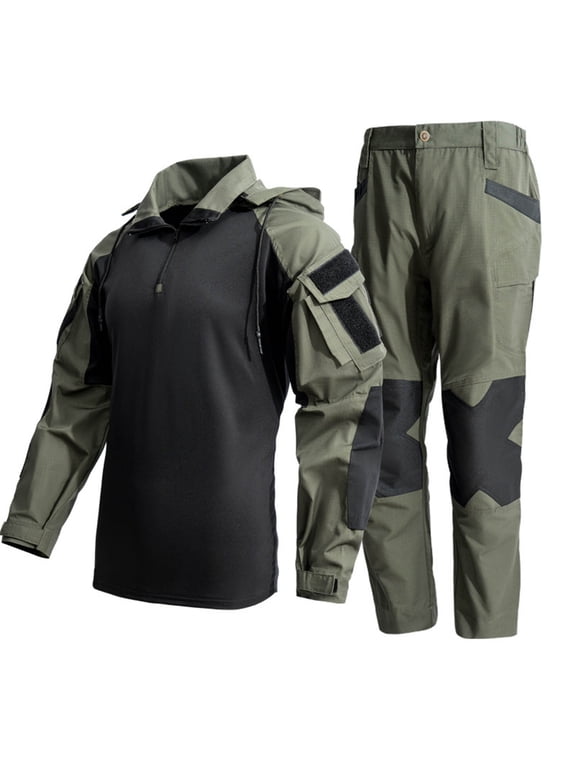 Men’s Outdoor Tactical 2 Piece Workwear Set Half Zip Long Sleeve Hooded Top Multi‑Pocket Cargo Trousers Training Suit for Hiking Camping Field Activities