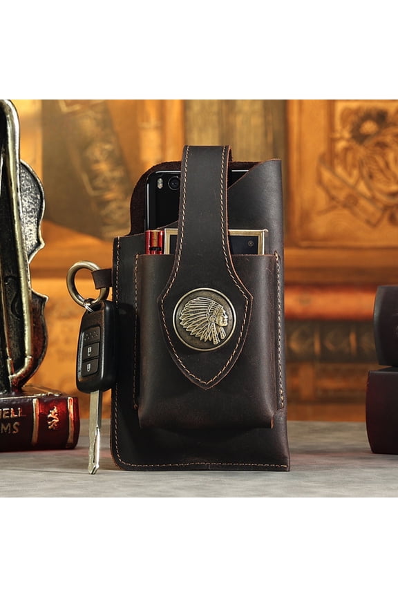 Men's Outdoor Tactical Phone Pouch Fanny Pack, Genuine Leather, Dark Brown