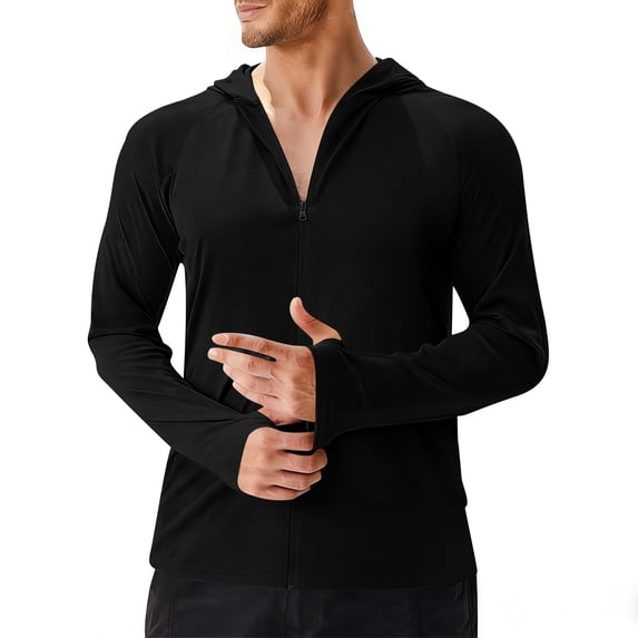 Men's Outdoor UPF 50+ Sun Protection Shirt Regular Fit Solid Color Long Sleeve Lightweight Quick Dry Breathable UV Block Top for Fishing Hiking Running Black M