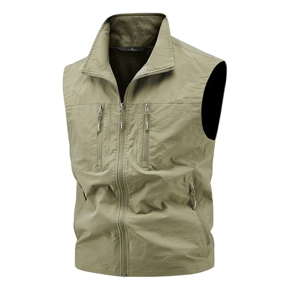 Men's Outdoor Utility Work Vest Standing Collar Full-Zip Quick Dry Sleeveless Jacket with Multiple Pockets