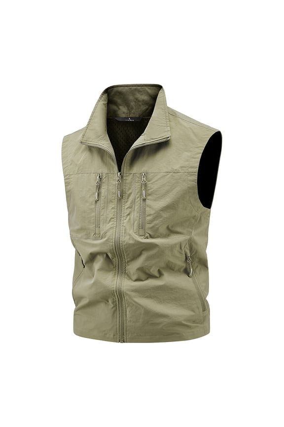 Men's Outdoor Utility Work Vest Standing Collar Full-Zip Quick Dry Sleeveless Jacket with Multiple Pockets