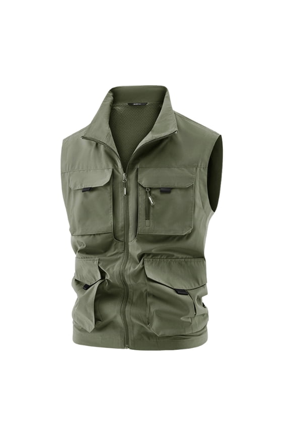 Men's Outdoor Utility Work Vest Standing Collar Full-Zip Quick Dry Sleeveless Jacket with Multiple Pockets