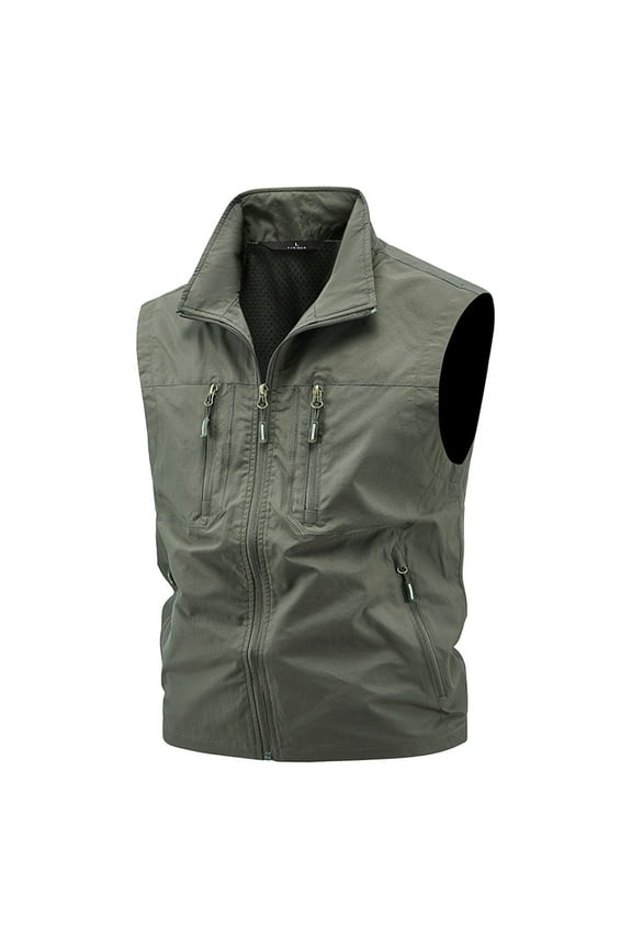 Men's Outdoor Utility Work Vest Standing Collar Full-Zip Quick Dry Sleeveless Jacket with Multiple Pockets
