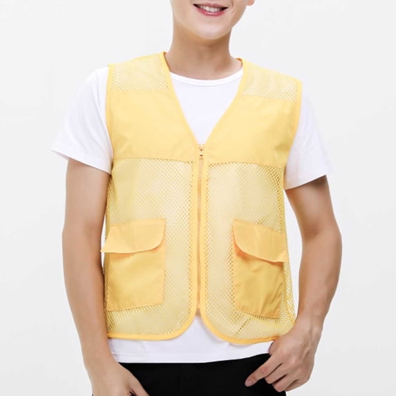 Men's Outdoor Vest Quick Dry Cargo Vest Jacket Mesh Waistcoat Breathable Zip Gilet Jacket Sleeveless V Neck Sports Work Jackets Yellow L