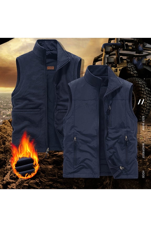 Men's Outdoor Vest Solid Color Fleece Lined Warm Stand Collar Sleeveless Jackets Reversible Wear Waistcoat for Work Fishing Travel Blue 4XL