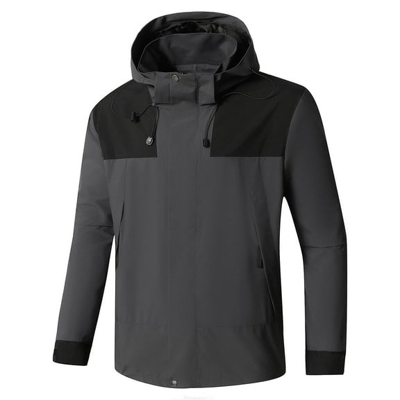 Men's Outdoor Windproof Jacket Lightweight Sports Color Matching Water Resistance Drawstring Pockets Outdoor Jacket with Removable Hoodie