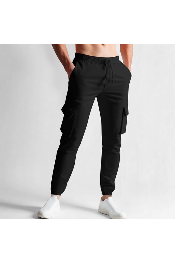 Men's Spring New 100% Polyester Solid Color Multi-Pocket Leisure Jogging Tight Pants Elastic Comfortable Waterproof Stain Oil Resistant for Hiking Cycling Fishing Outdoor Daily