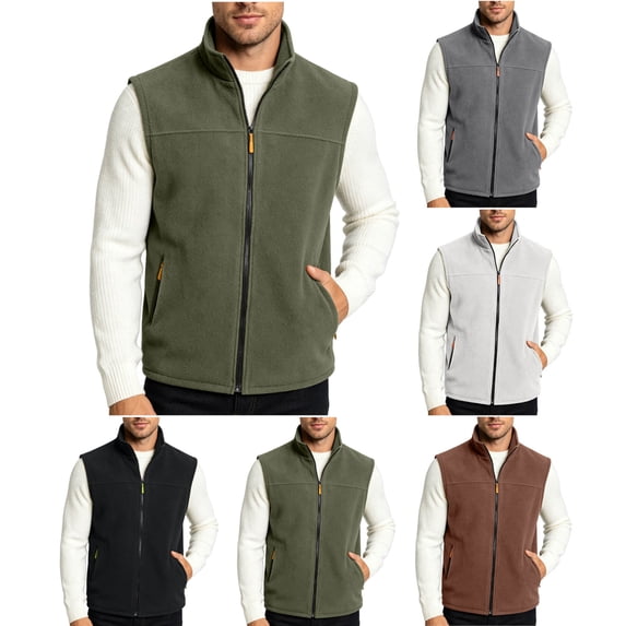 Men's Outdoor Zip-Up Fleece Vest Solid Lined Stand Collar Sleeveless Coat with Side Pockets Daily Wear