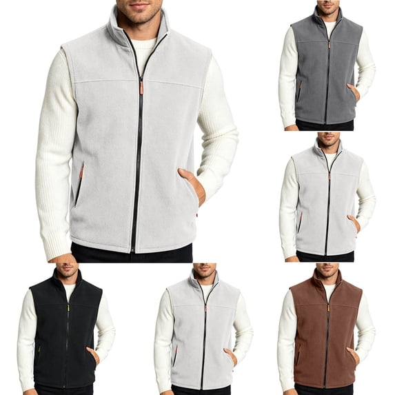 Men's Outdoor Zip-Up Fleece Vest Thickened Lined Stand Neck Sleeveless Top with Side Zipper Pockets Outdoor Hiking Gear