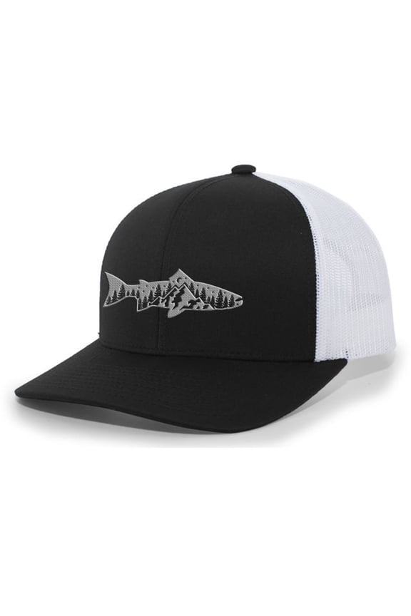 Men's Outdoors Fishing Trout Scenic Forest Woodland Embroidered Mesh Back Trucker Hat, Black/White