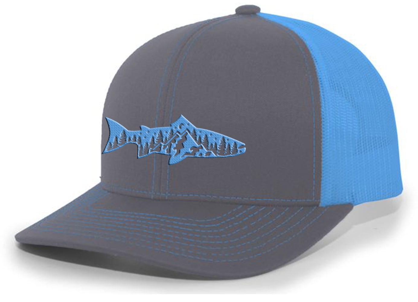 Men's Outdoors Fishing Trout Scenic Forest Woodland Embroidered Mesh Back Trucker  Hat, Charcoal/Neon Blue 